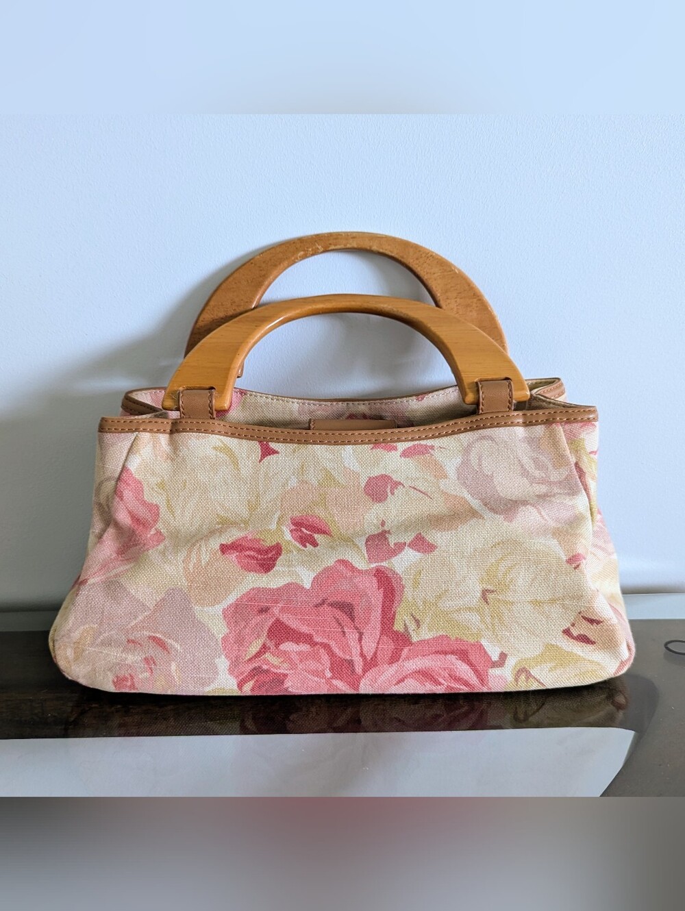 Fossil Floral Canvas Handbag with Wooden Handles - Pink Rose